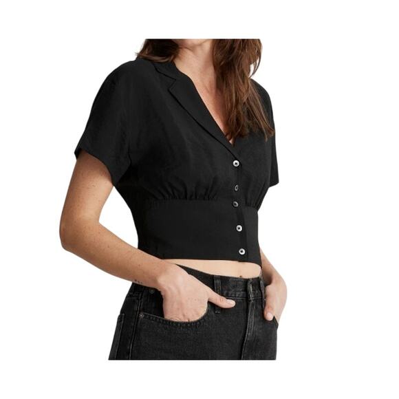 Madewell Drapey Banded-Bottom Button-Down Crop Top Black Women's Size Medium New - Picture 1 of 11